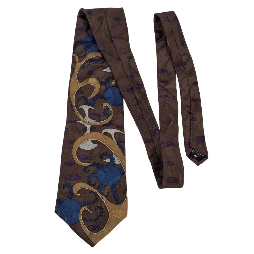 Medina Childrens Service Silk Tie Brown Blue Abstract Tentacle Wide Necktie USA